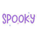 The word SPOOKY written three times in a pixelated font with small heart icons scattered around.