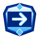 Blue shield badge with an animated white arrow pointing to the right.