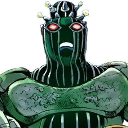 Armored green robot figure with glowing red eyes looking forward with a serious expression.