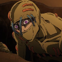 A character with a stitched mask and glowing purple eyes stares intensely from the shadows.