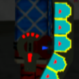 A futuristic gadget with glowing blue and red lights against a dark background.