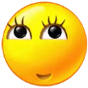 Yellow smiley face with large black eyes and long eyelashes looking upwards with a slight smile.