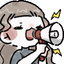A stylized girl holding a red and white megaphone while shouting with yellow sound effect lines.