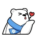 A white polar bear wearing a blue scarf blowing a small red heart kiss.
