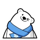Polar bear winking while wearing a blue scarf.