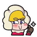 A cartoon character with yellow hair and a white hood gives a thumbs up while blushing and looking to the side.