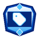 A blue shield-shaped badge containing a white price tag icon.