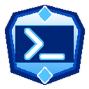 A glowing white command prompt symbol inside a blue shield-shaped badge.