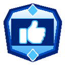 Thumbs up icon inside a blue shield badge with diamond accents.