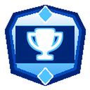 A white trophy icon centered on a blue shield-shaped badge with diamond accents.