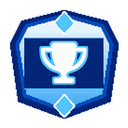 Trophy icon centered inside a blue geometric shield emblem.