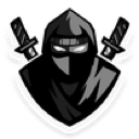 A stylized ninja wearing a dark hood with two swords crossed behind their head.