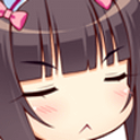 Anime girl with dark hair and pink bows closing her eyes and making a pouty huffing expression.