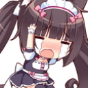A chibi anime maid with dark hair and a maid outfit crying loudly with her hand raised.