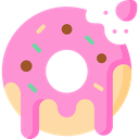 A pink frosted donut with a bite taken out of it and colorful sprinkles.