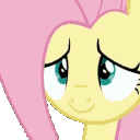 A yellow pony with pink hair displaying a sequence of shy and bashful smiling expressions.