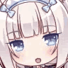 Chibi anime girl with pale hair and a headpiece cycles through expressions of surprise and closed-eye contentment.