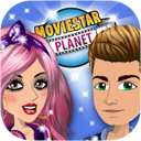 A girl with pink hair and a boy with brown hair posing together in front of a blue sparkling logo.