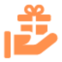 Hand holding a gift box in a flat orange style against a black background.
