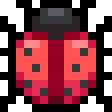Ladybug with red wings and black spots in a simple pixel art style.