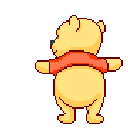A yellow cartoon bear in a red shirt dances by wiggling its hips side to side.
