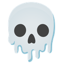 Skull with hollow eyes and nose melting downwards into a puddle.