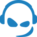 A blue silhouette of a character wearing a headset with a mask-like face.