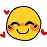 A yellow smiley face with bright orange cheeks and floating red hearts expressing bashful love.