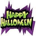 Happy Halloween text in a jagged green comic font over a purple background.