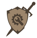 A brown shield emblem with a sword behind it, containing a gear and a wrench symbol in the center.