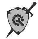 Shield and sword emblem featuring a gear and wrench icon in the center.