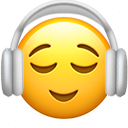 A yellow smiley face with closed eyes wearing white headphones.