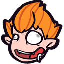 A cartoon character with messy orange hair and a wide, manic grin.