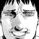 A close-up of a person with a strained, uncomfortable grin and wide, intense eyes in a black and white manga art style.