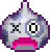A gray pixelated creature with one eye as an X and the other as a circle, with a wide open pink mouth.