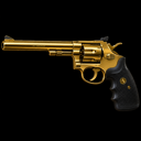 A gold-plated revolver with a black grip against a black background.