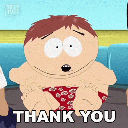 A cartoon boy with brown hair and a red patterned shirt blinks repeatedly while the text THANK YOU appears below him.