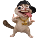 Cat with a wide, toothy grin and tongue out, wearing a black hat and gold chain while making hand gestures.