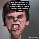 A distorted, caricature-style face with a snarling, aggressive expression and visible teeth.