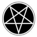 Pentagram symbol consisting of a white five-pointed star inside a white circle on a black background.
