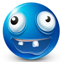 A blue spherical face with wide, wild eyes and a goofy, toothy grin.