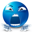 A blue 3D sphere with an angry face slamming its hands down on a surface.