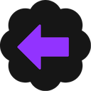 A purple arrow pointing to the left inside a dark scalloped badge shape.