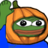 A green frog wearing a carved orange pumpkin over its head with a happy expression.