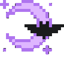 A black bat flying in front of a purple crescent moon with small sparkling stars.