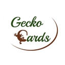 Gecko silhouette integrated into the letter C of the word Cards with green and brown text.