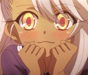 Anime girl with large glowing eyes and a blushing face resting her chin on her hands.