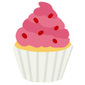 Cupcake with pink frosting and red sprinkles in a white paper liner.