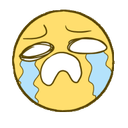 Yellow cartoon face with wide, tear-filled eyes and a gaping mouth, shedding large blue tears.