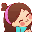 Girl with a pink headband blushing and smiling with closed eyes.